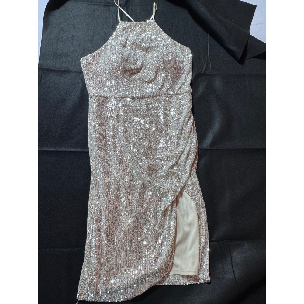 Crystal Doll Silver Sequin Halter Dress Womens 13 Homecoming Formal Tulip Slit